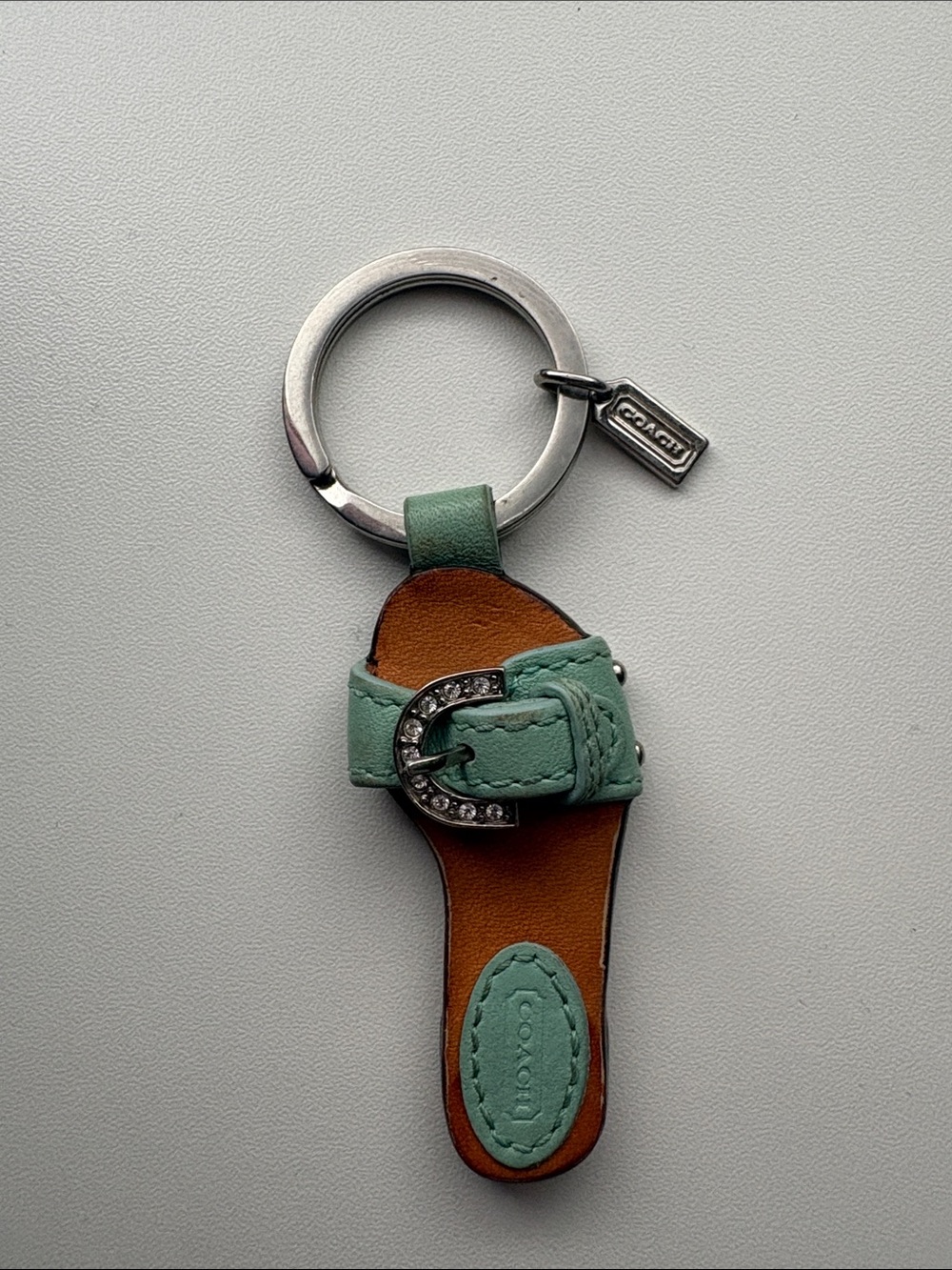 Coach Teal and Brown Mini Slide Sandal Keychain with Crystal Buckle